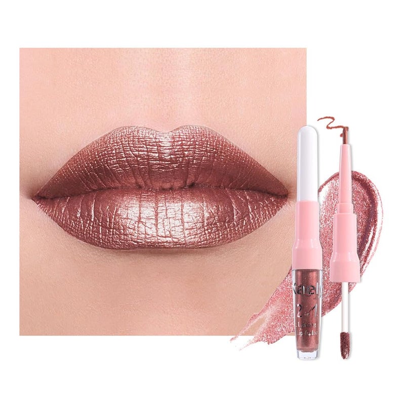 evpct Dark Bronze Metallic Shimmer Lip Liner and Lipstick Combo Lip Gloss Stains Set Makeup for Women Long Lasting Waterproof 24 Iced Mocha Frosted Metallic Glitter Glossy iridescent Liquid Lipstick